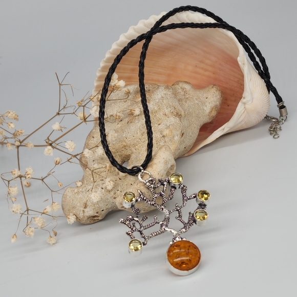 Genuine Baltic Amber/Citrine Stone Silver Pendant - Picture 3 of 7